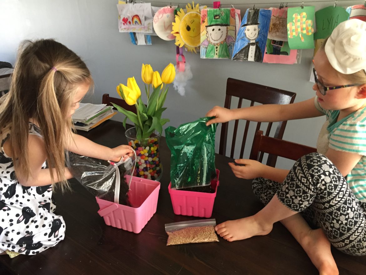 Children creating DIY Easter Grass for Baskets