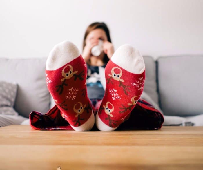 woman with christmas socks on 