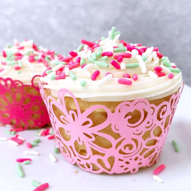 A close up of a decorated cupcake on a table