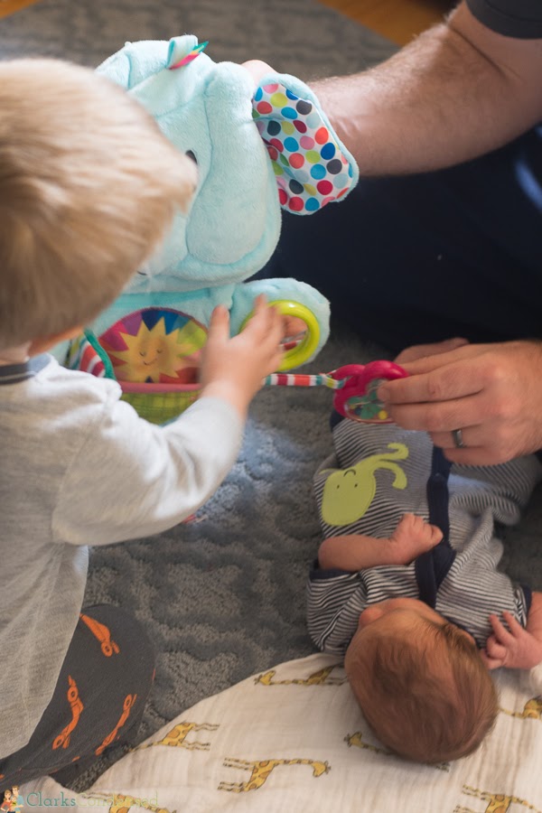 A toddler holding a baby