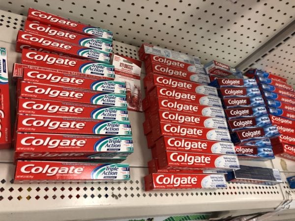 A stack of toothpaste on table