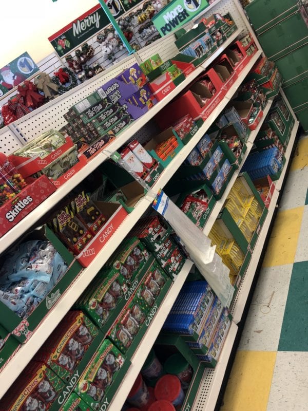 A store shelf filled with candy