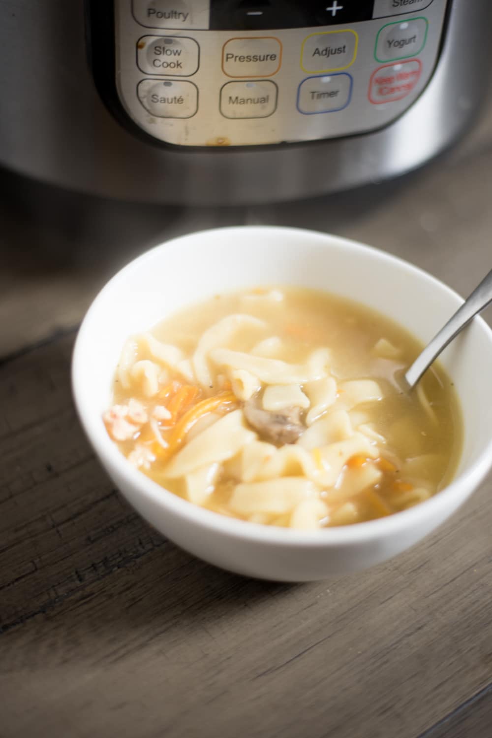 A bowl of soup on a table