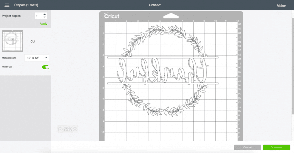 Cricut Cutting Page Screen Shot