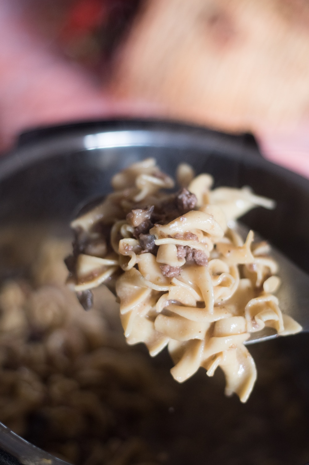 A close up of food, with Beef Stroganoff and Pasta