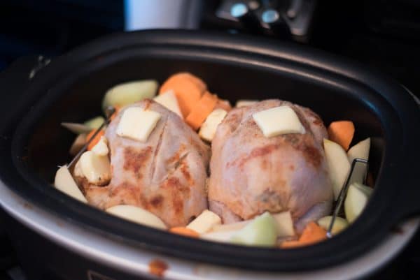 A pan filled with food, with Slow cooker and Chicken