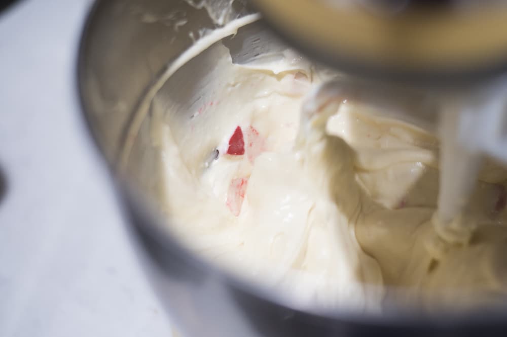 A close up of a batter of Peppermint cheesecake