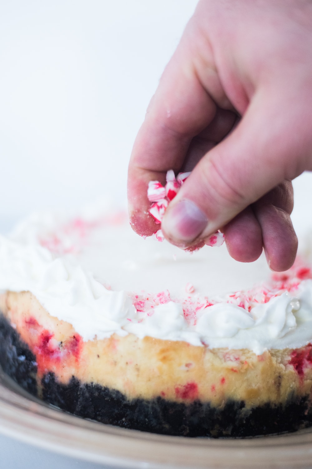 Closeup of decorations on the cheesecaje