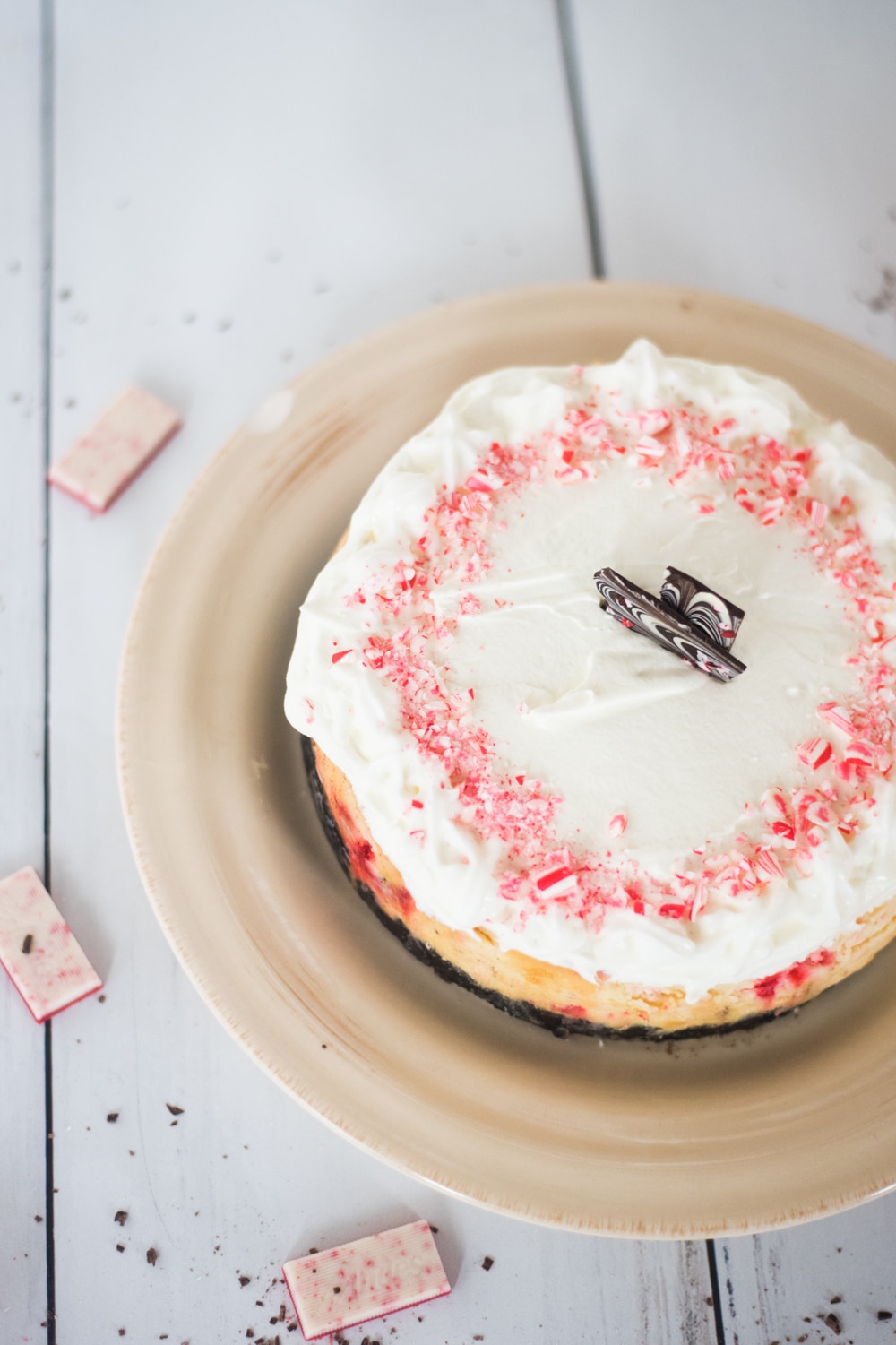 A piece of cake on a plate, with Cheesecake and Peppermint