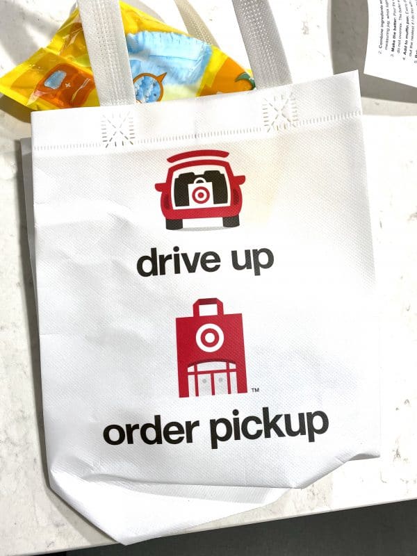 A bag with \"drive up and order pickup\" sign