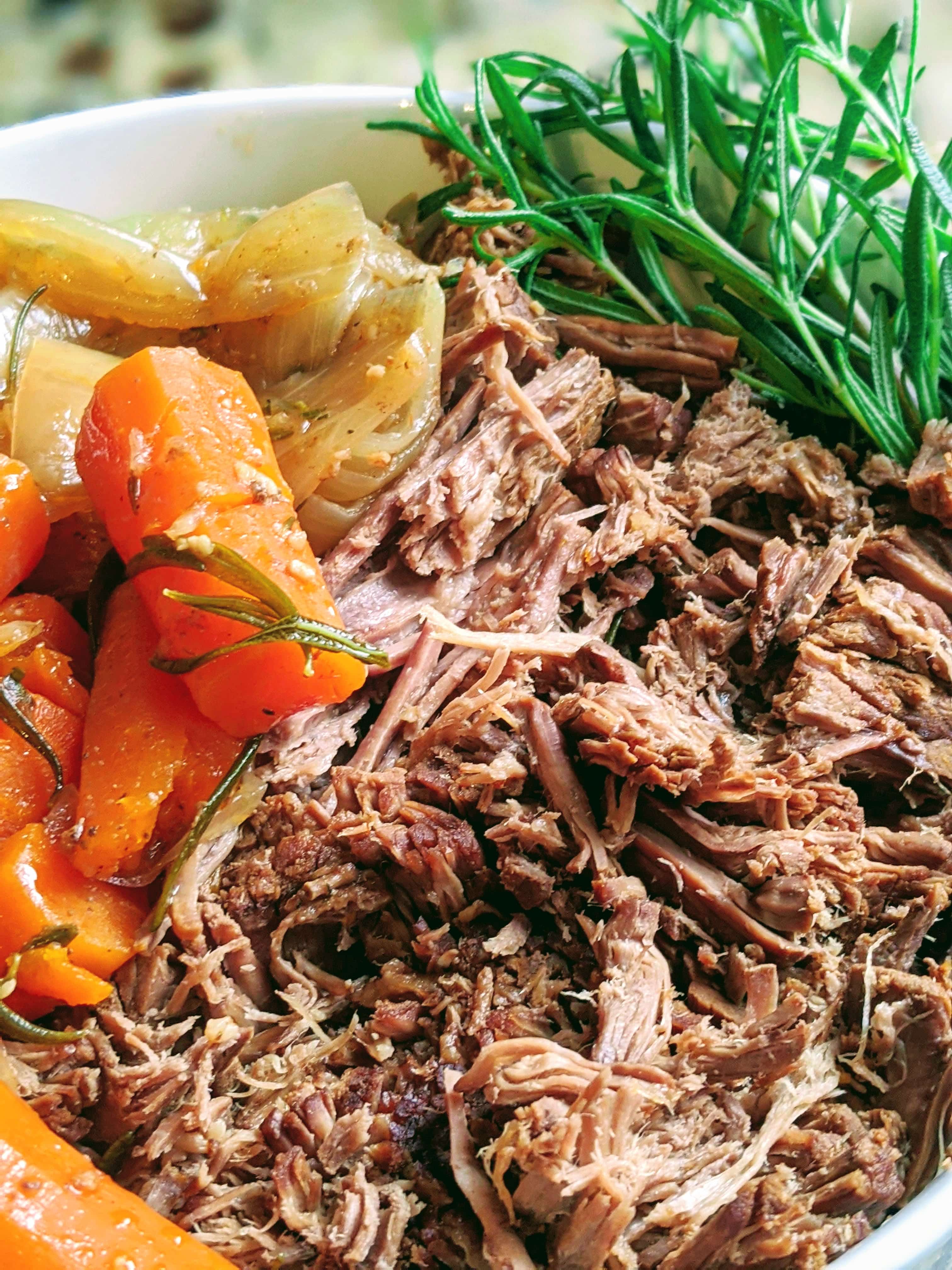 close up of shredded roast beef