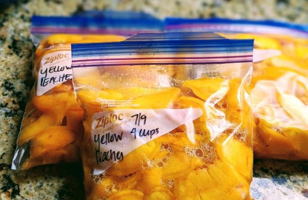 labeled bags with peaches inside