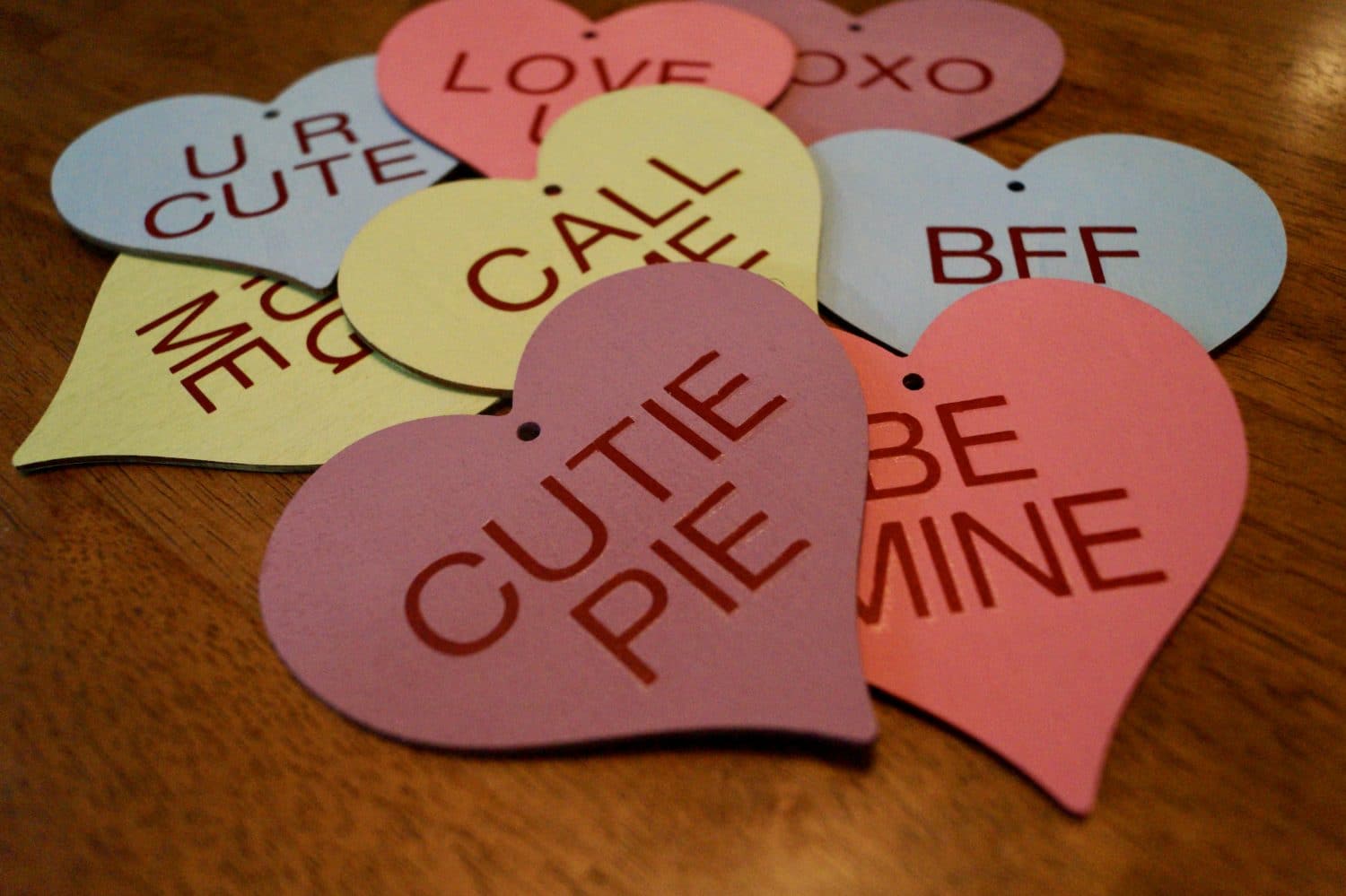 colored hearts with writing on them