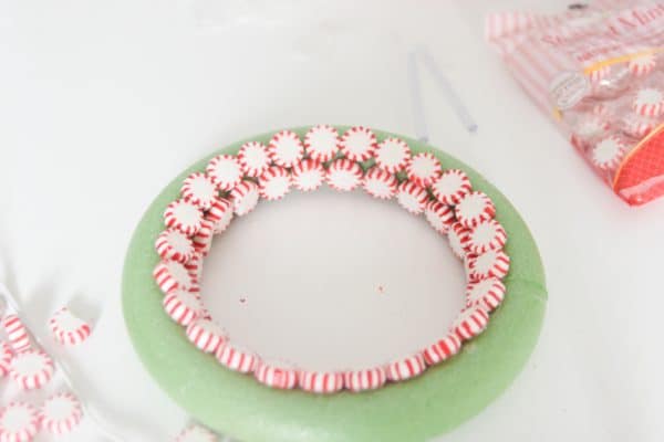 peppermint wreath partially completed